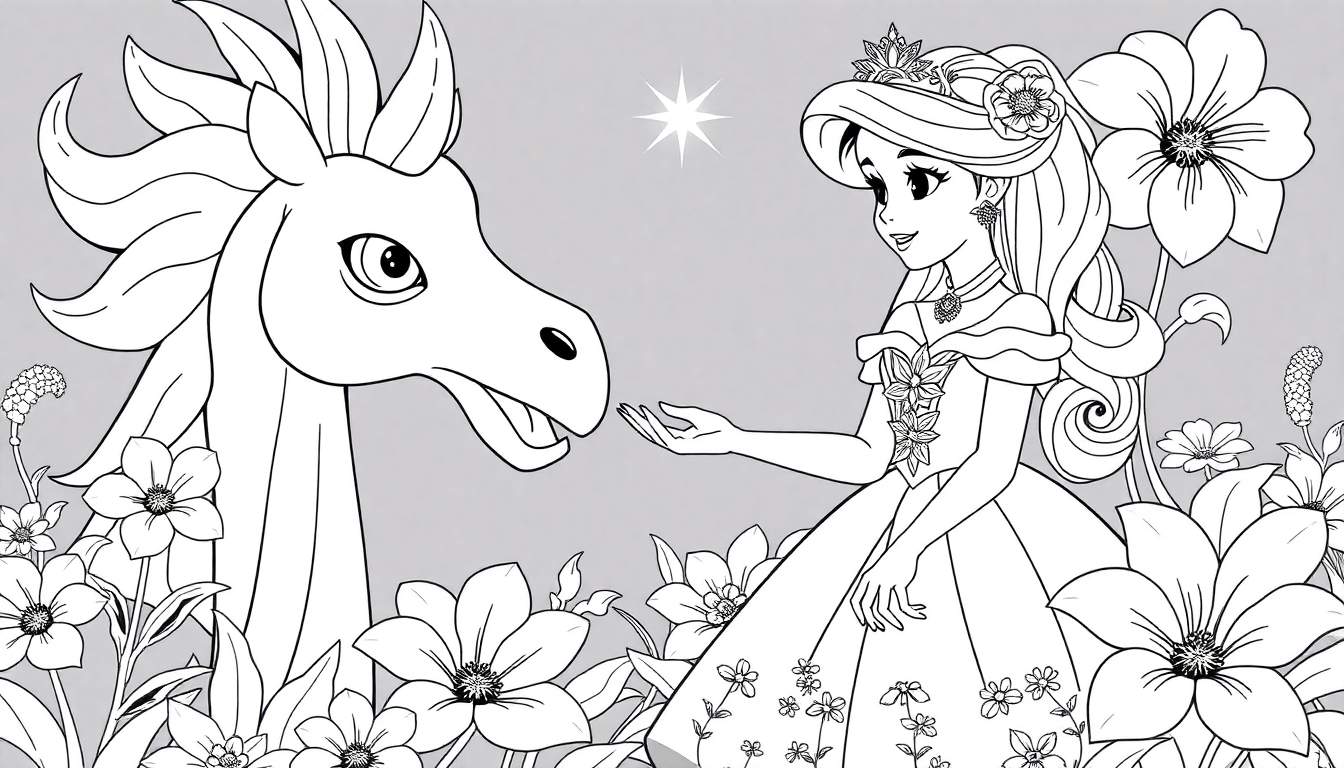 Ilustração em preto e branco de uma princesa com vestido e coroa adornados com flores, estendendo a mão para um cavalo mágico com juba extravagante. Flores cercam a cena, com uma estrela solitária no céu. Estilo de desenho animado detalhado.