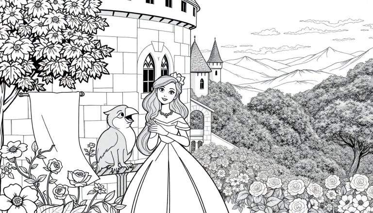 Desenho em preto e branco de uma princesa em um balcão de castelo com um pássaro.