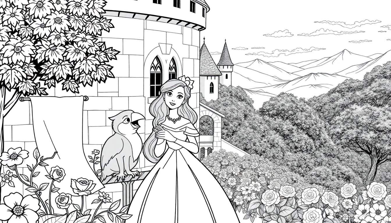 Desenho em preto e branco de uma princesa em um balcão de castelo com um pássaro.