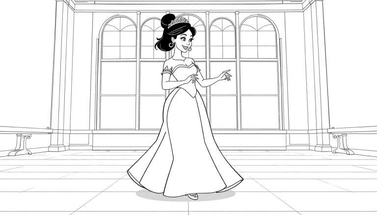 Princesa de desenho animado sorrindo e gesticulando em um grande salão de baile, em preto e branco.
