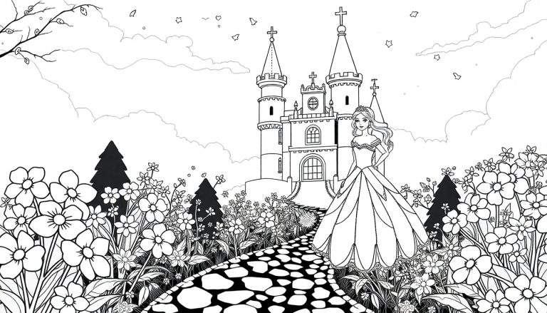 Uma linda princesa em seu castelo encantado, em uma página para colorir, com um vestido esvoaçante e uma coroa brilhante. O cenário é mágico e cheio de flores coloridas. Um color panel.
