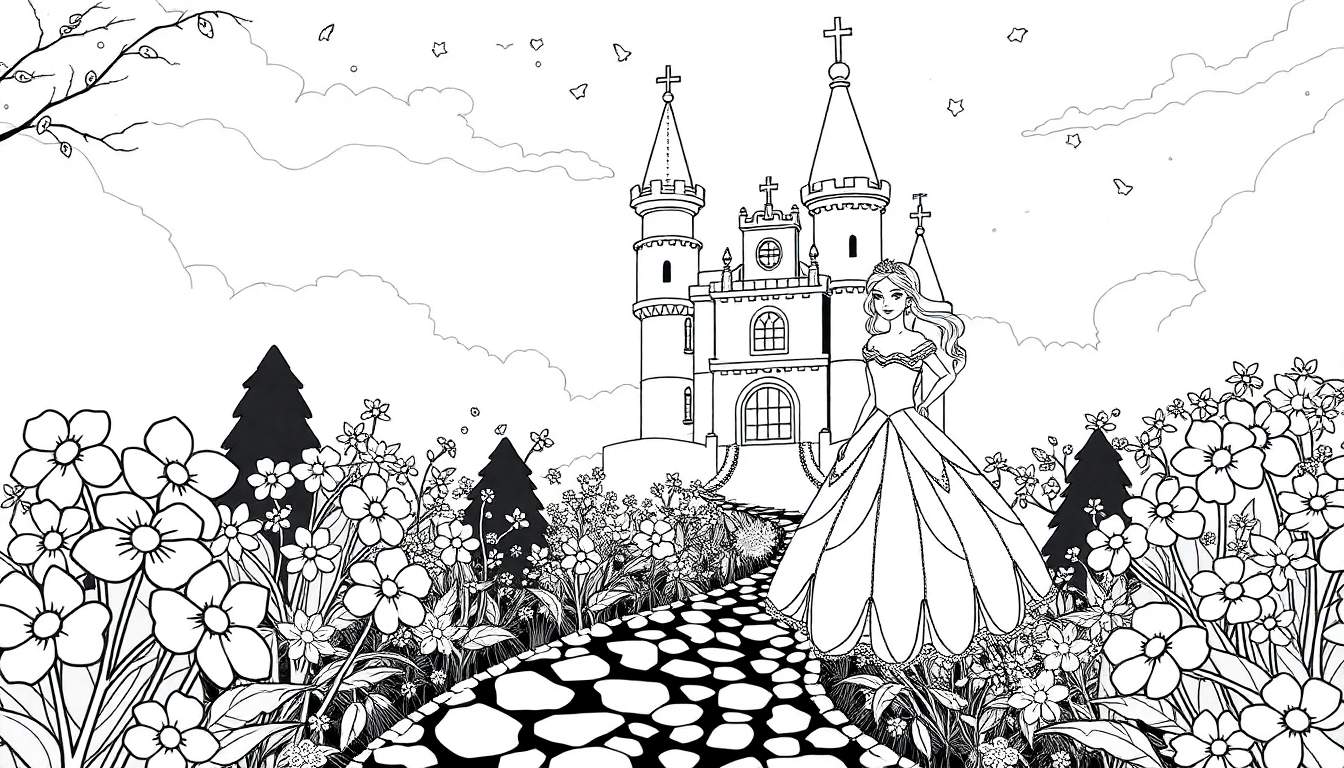 Uma linda princesa em seu castelo encantado, em uma página para colorir, com um vestido esvoaçante e uma coroa brilhante. O cenário é mágico e cheio de flores coloridas. Um color panel.