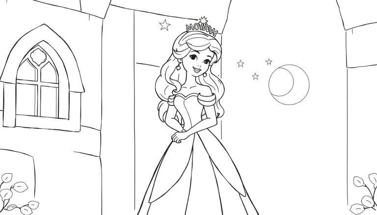 Desenho de uma princesa sorridente com coroa e vestido longo, em frente a um castelo com lua crescente e estrelas, pronto para colorir.
