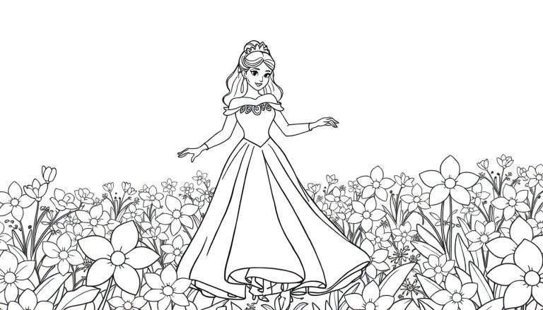 Página de colorir de uma princesa em um campo de flores, com linhas claras.