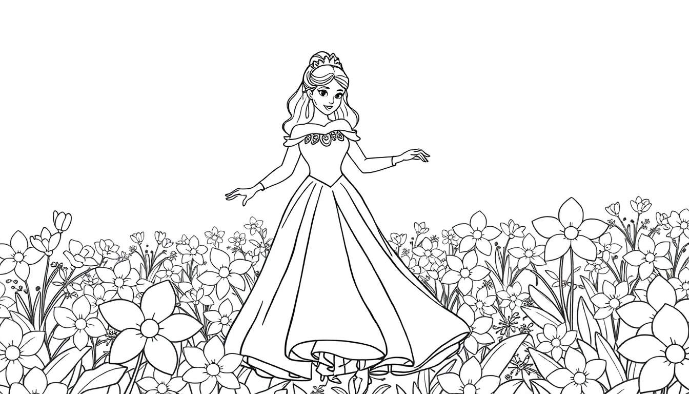 Página de colorir de uma princesa em um campo de flores, com linhas claras.