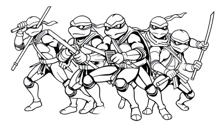 Desenho em preto e branco das Tartarugas Ninja em pose de luta, cada uma com sua arma característica.