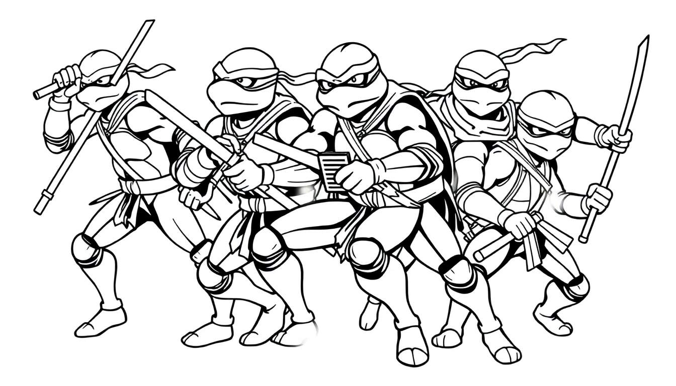 Desenho em preto e branco das Tartarugas Ninja em pose de luta, cada uma com sua arma característica.