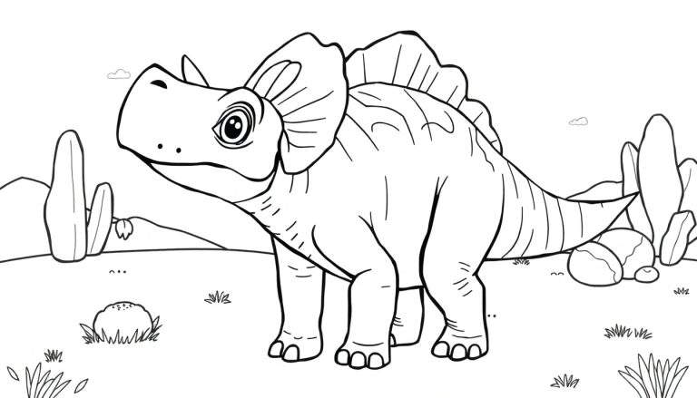 Desenho de linha de um Protoceratops amigável em um deserto com cactos.