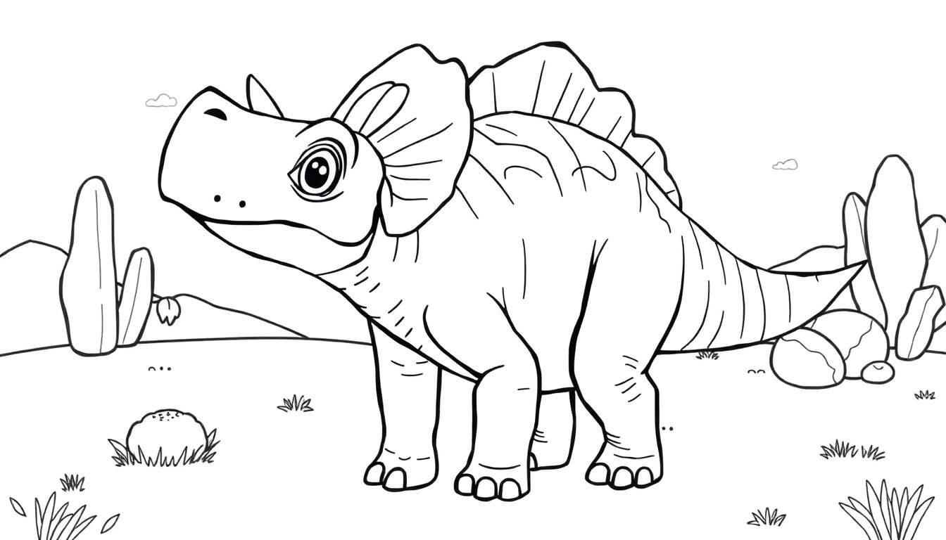 Desenho de linha de um Protoceratops amigável em um deserto com cactos.