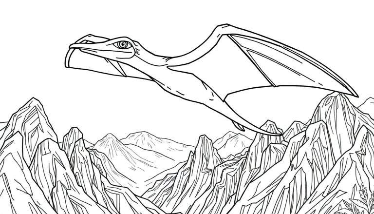 Um pteranodonte desenhado em estilo de linha grossa voando sobre montanhas rochosas, disponível em um color panel.