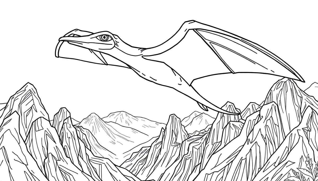 Um pteranodonte desenhado em estilo de linha grossa voando sobre montanhas rochosas, disponível em um color panel.