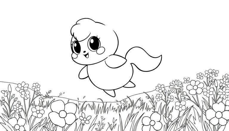 Um filhote de foca fofo com grandes olhos expressivos saltando em um campo de flores coloridas em um desenho preto e branco, perfeito para um color panel.