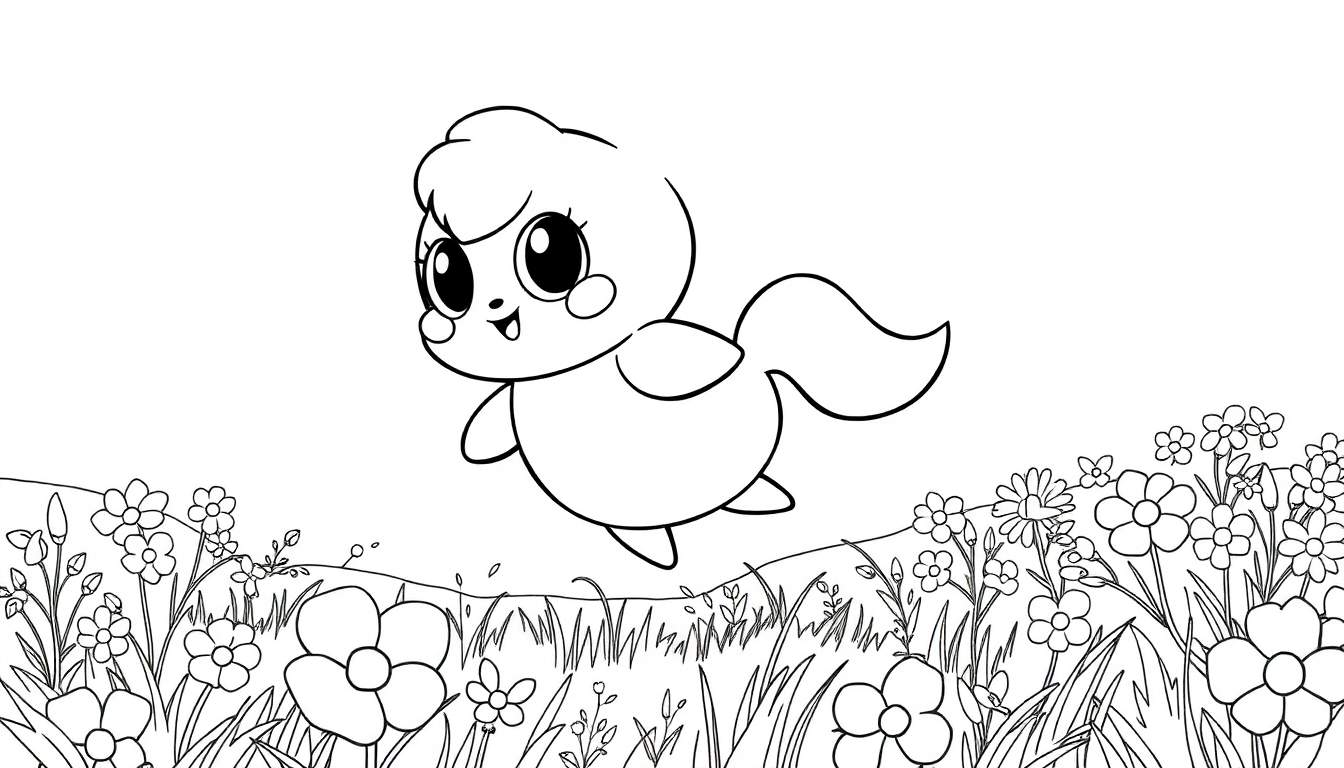 Um filhote de foca fofo com grandes olhos expressivos saltando em um campo de flores coloridas em um desenho preto e branco, perfeito para um color panel.