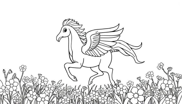 Cavalo alado desenhado em estilo de livro de colorir, cercado por flores. O cavalo está em movimento com asas abertas e crina esvoaçante.