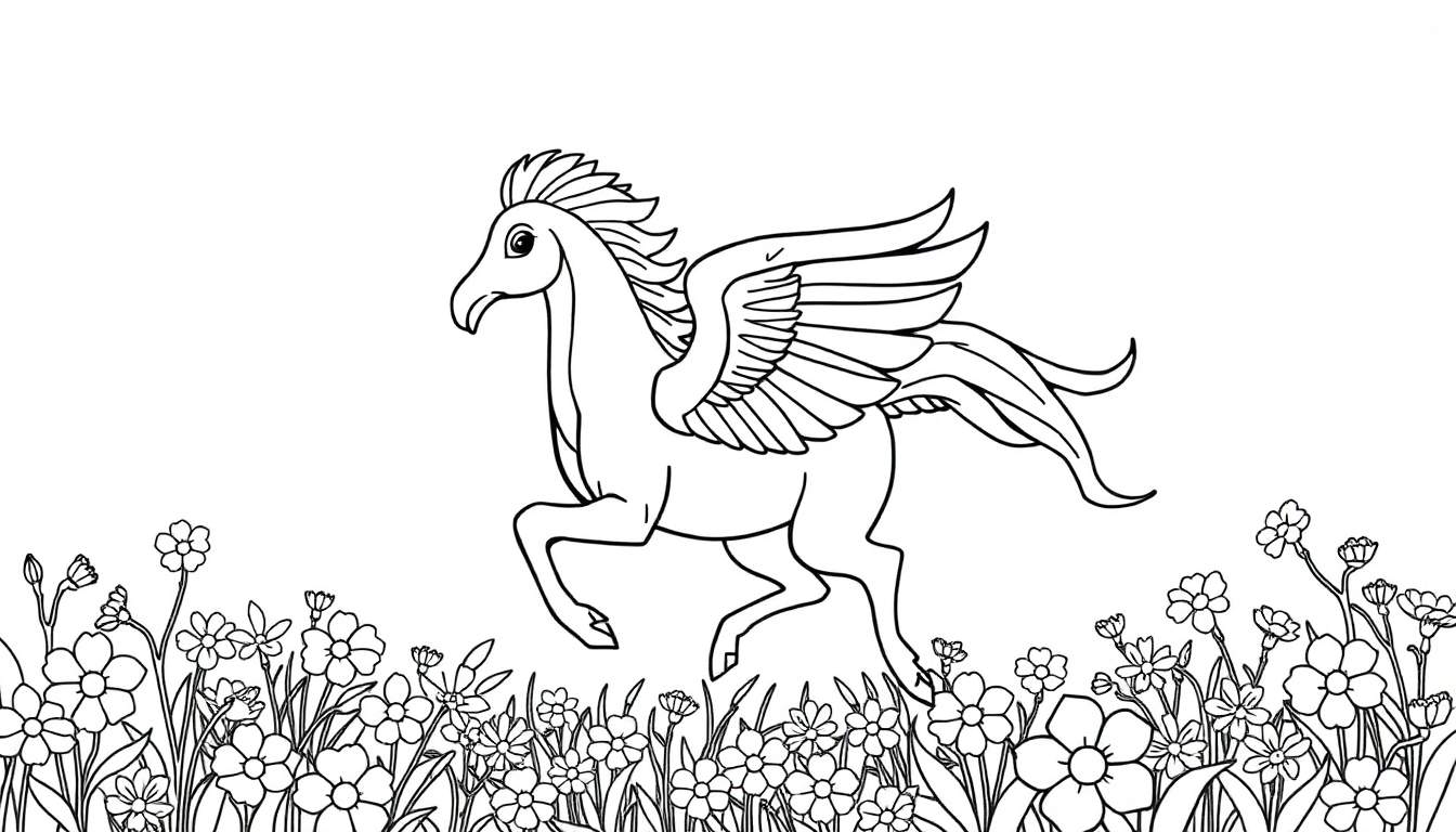 Cavalo alado desenhado em estilo de livro de colorir, cercado por flores. O cavalo está em movimento com asas abertas e crina esvoaçante.