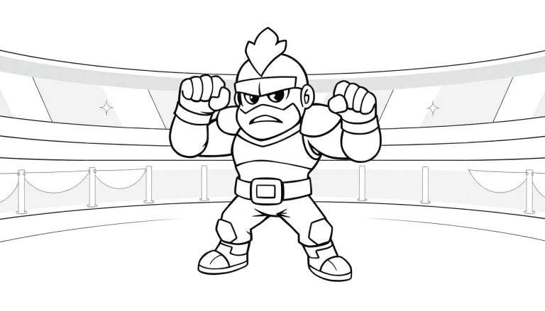 Página de colorir em preto e branco de um personagem de desenho animado em pose de luta em uma arena, com luvas de boxe levantadas. O personagem tem um tufo de cabelo no topo da cabeça e usa um uniforme que lembra uma armadura. A cena inclui balcões e uma barreira de corda, semelhante a um color panel.