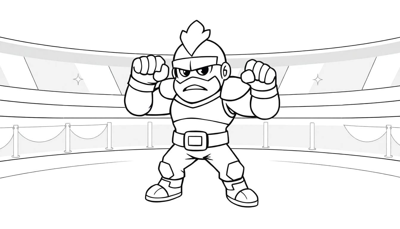 Página de colorir em preto e branco de um personagem de desenho animado em pose de luta em uma arena, com luvas de boxe levantadas. O personagem tem um tufo de cabelo no topo da cabeça e usa um uniforme que lembra uma armadura. A cena inclui balcões e uma barreira de corda, semelhante a um color panel.