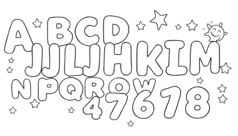 Página de colorir com alfabeto e números estilo cartoon em negrito, com estrelas e um solzinho sorridente. Um color panel divertido para aprender as letras A a W e os números 4, 7, 6, 7, 8.
