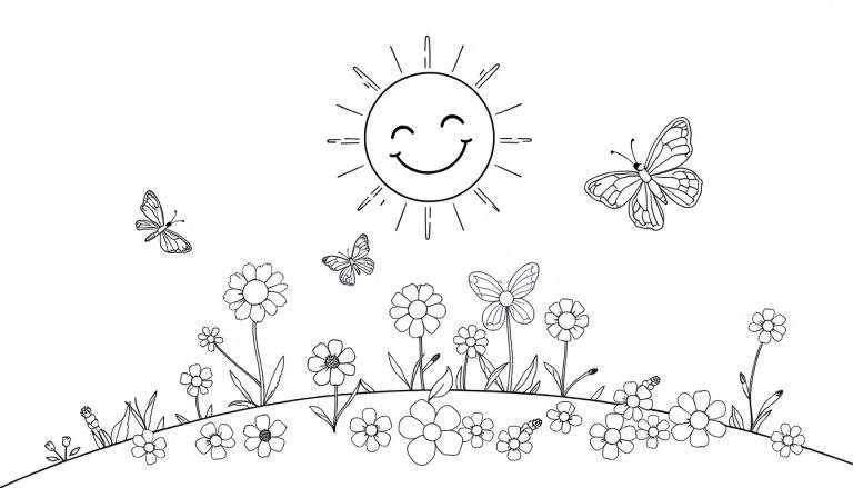 Página de colorir com sol sorridente, flores e borboletas.