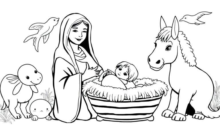 Página de colorir de um presépio em preto e branco com Maria, o menino Jesus, um burro e um cordeiro.