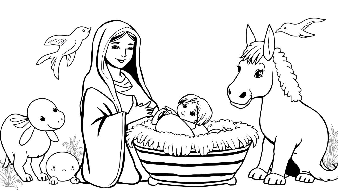 Página de colorir de um presépio em preto e branco com Maria, o menino Jesus, um burro e um cordeiro.