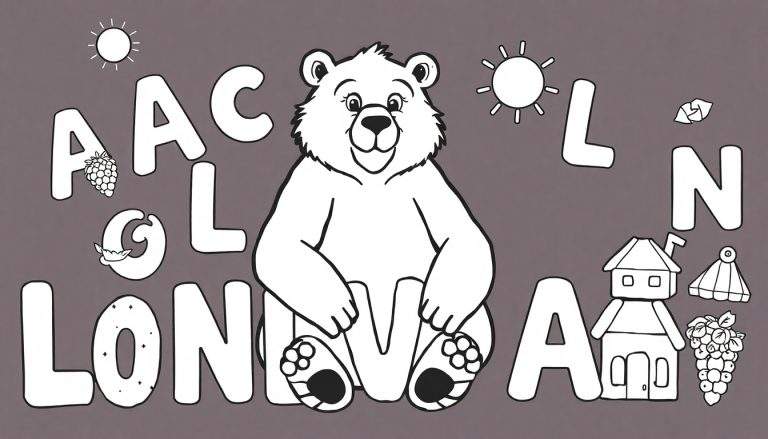 Página de colorir com letras e um urso de desenho animado.