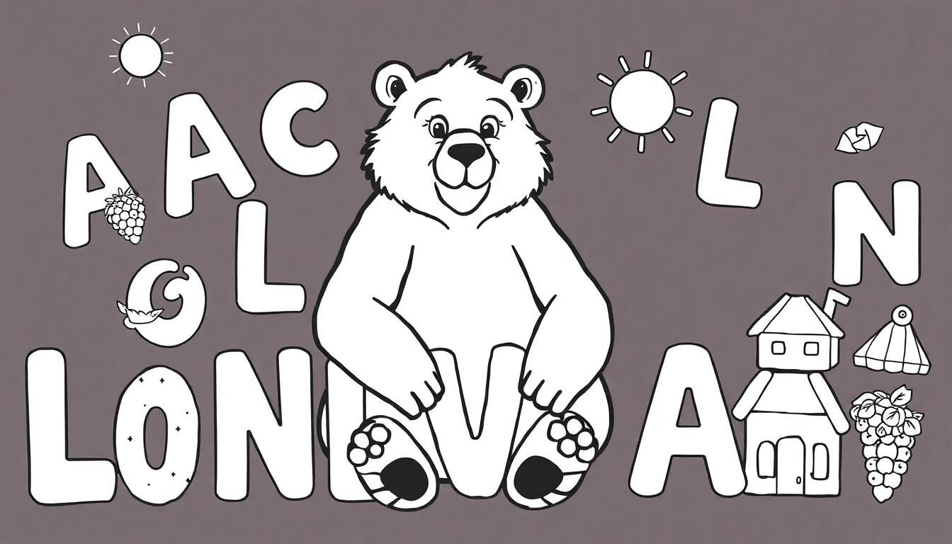 Página de colorir com letras e um urso de desenho animado.