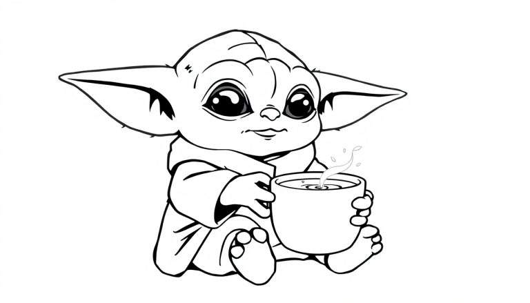 Página de colorir do Baby Yoda segurando uma caneca fumegante, ideal para um color panel.