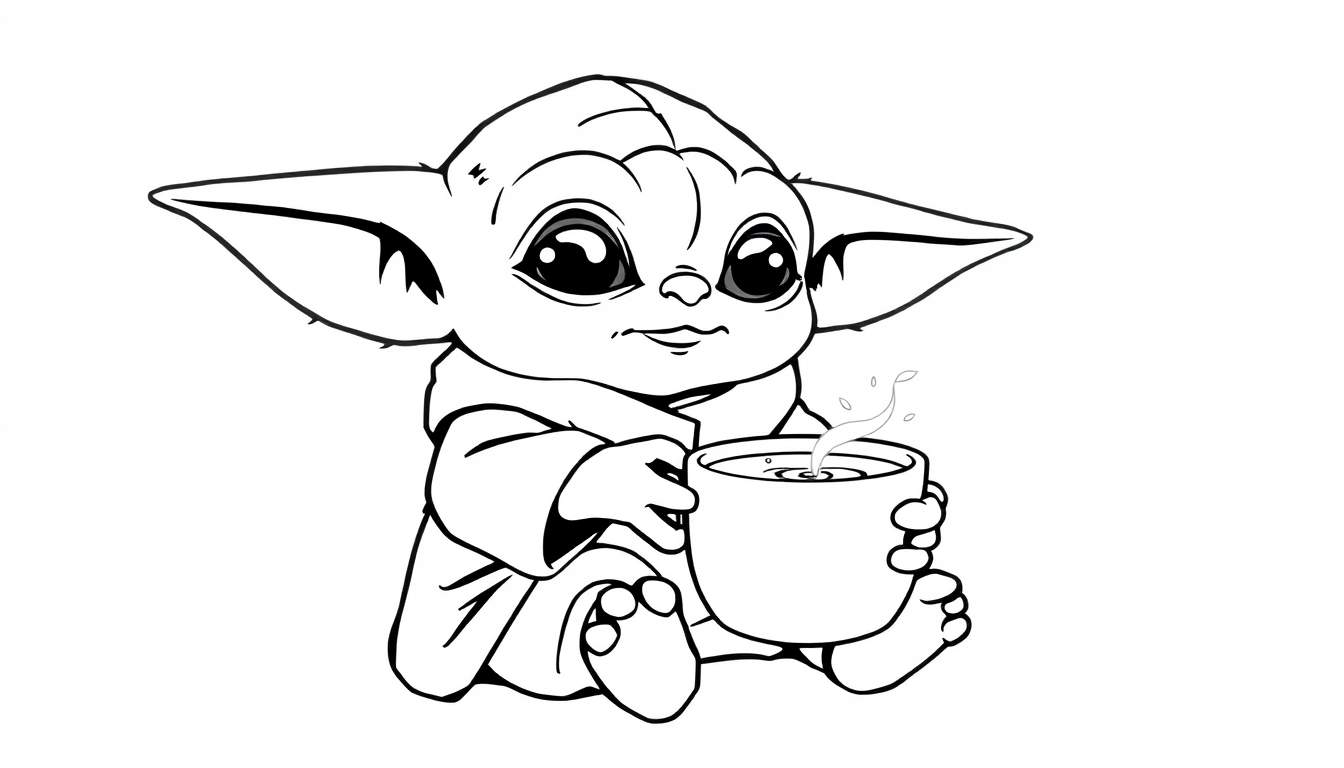 Página de colorir do Baby Yoda segurando uma caneca fumegante, ideal para um color panel.