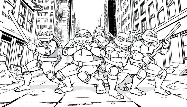 Desenho em preto e branco das Tartarugas Ninja em pose de ação em uma rua da cidade, com April O'Neil ao fundo.