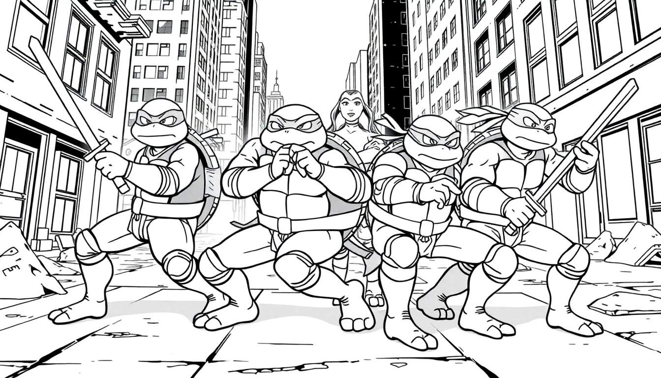 Desenho em preto e branco das Tartarugas Ninja em pose de ação em uma rua da cidade, com April O'Neil ao fundo.