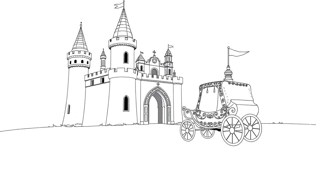 Um castelo de contos de fadas em preto e branco com uma torre alta, ameias e uma entrada arqueada, com uma carruagem decorada estacionada em frente, pronto para colorir.