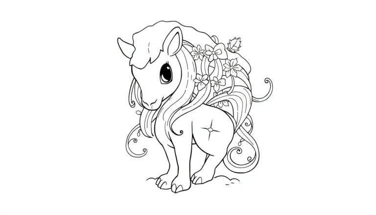 Desenho de linha de um pônei fofo para colorir com flores e laços.
