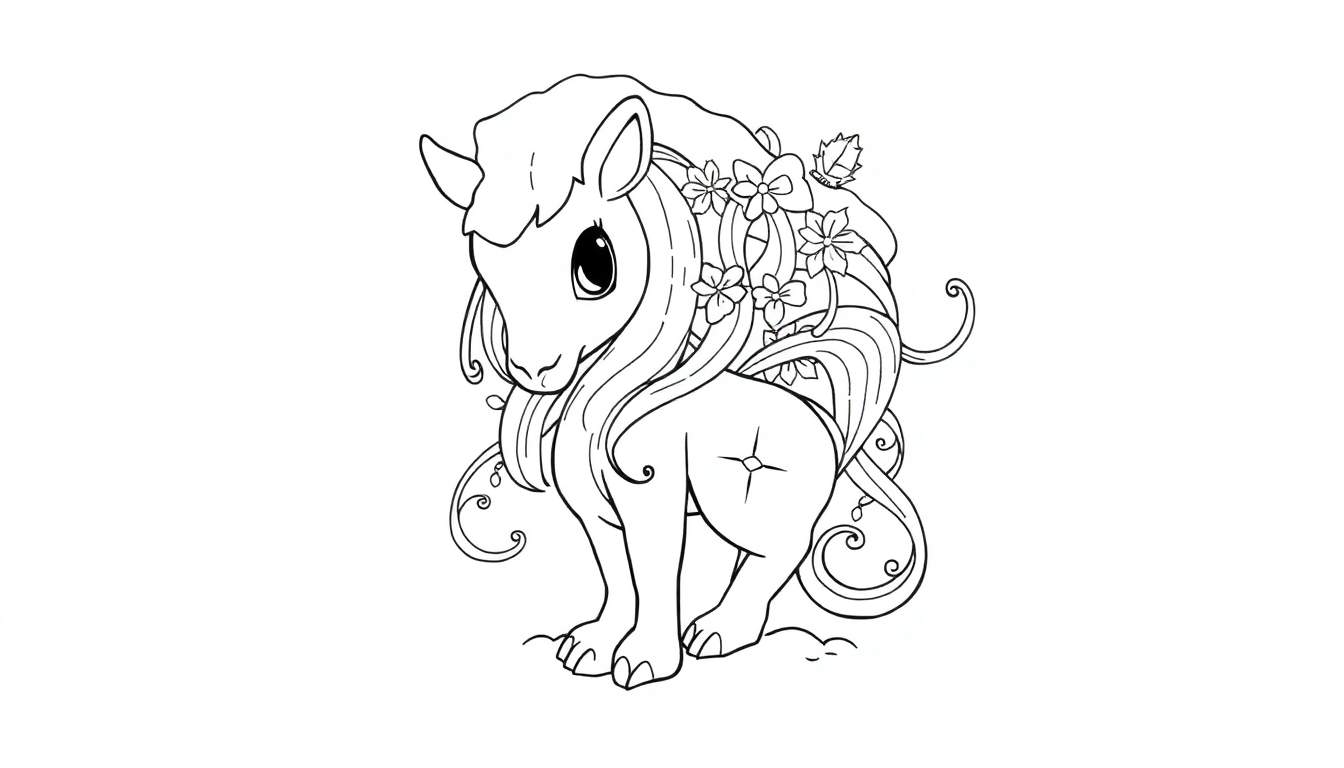 Desenho de linha de um pônei fofo para colorir com flores e laços.