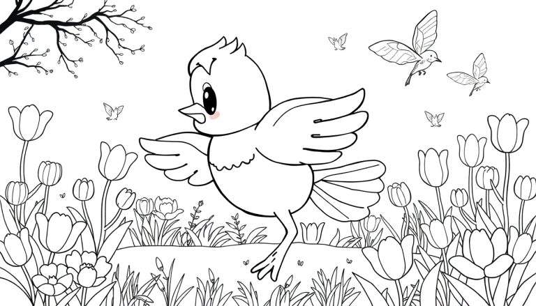 Um pássaro desenhado para colorir voando sobre tulipas em um campo de primavera.