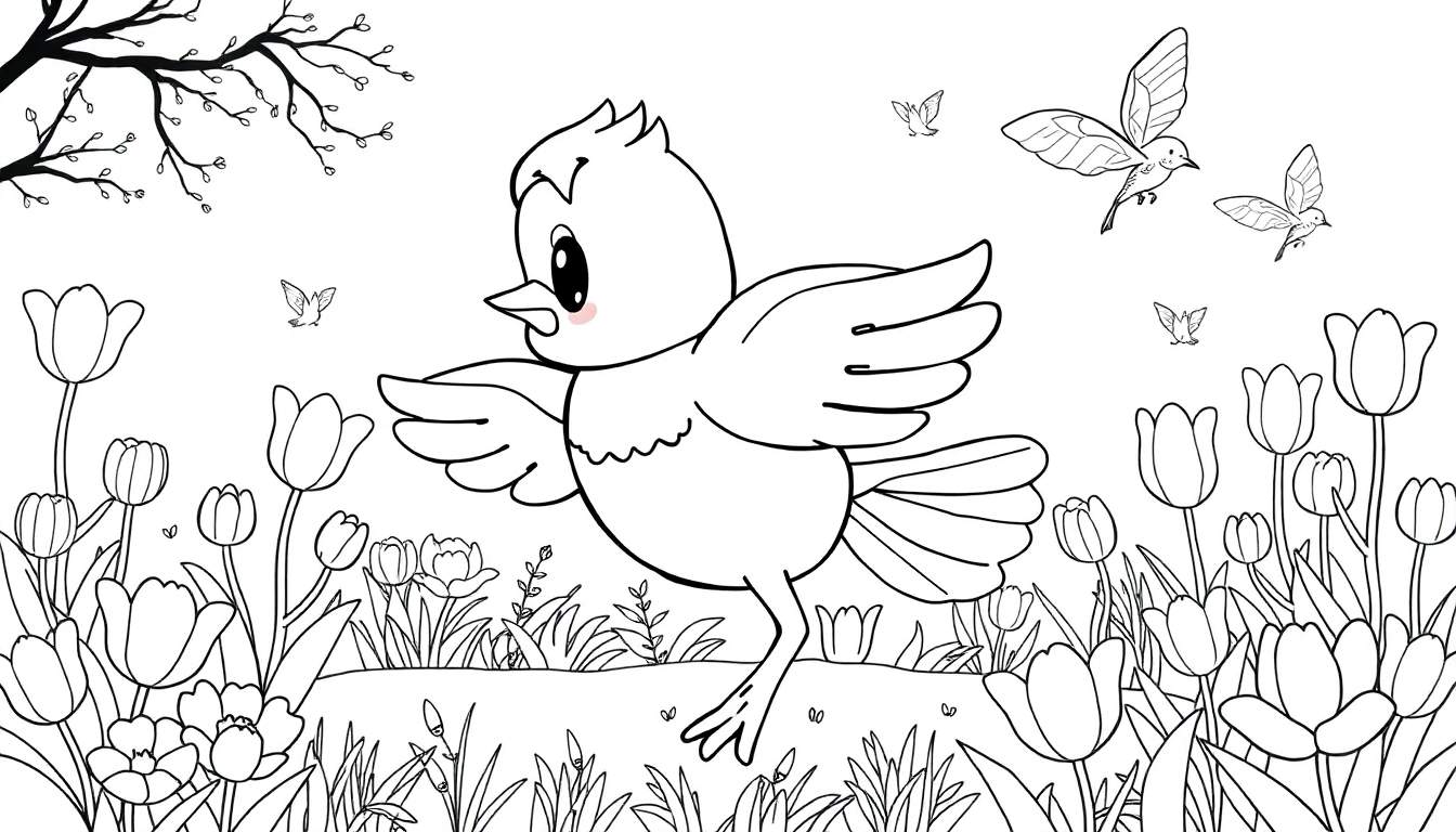 Um pássaro desenhado para colorir voando sobre tulipas em um campo de primavera.