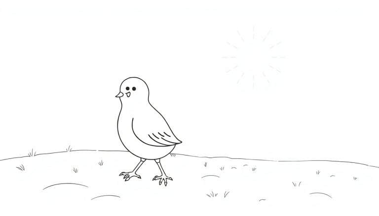 Um pássaro desenhado em preto e branco em um campo com um sol tracejado ao fundo, estilo infantil.