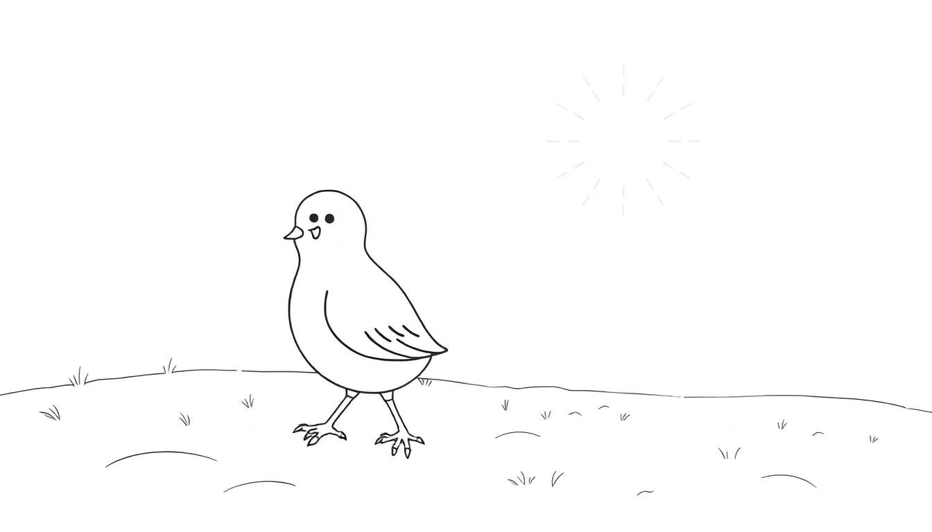 Um pássaro desenhado em preto e branco em um campo com um sol tracejado ao fundo, estilo infantil.