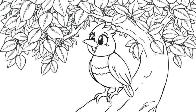 Um desenho a preto e branco de um pássaro amigável empoleirado num galho de árvore coberto de folhas densas, perfeito para um color panel.
