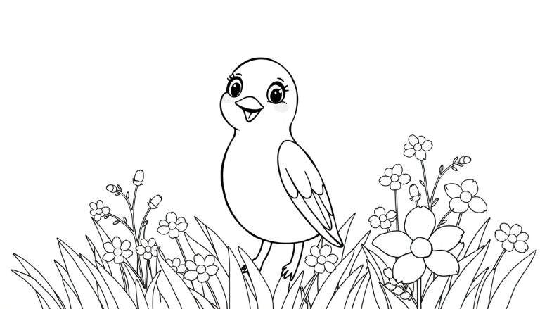 Um pássaro em um color panel de flores e grama.
