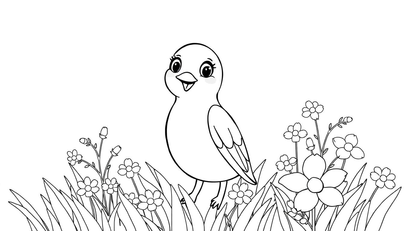 Um pássaro em um color panel de flores e grama.