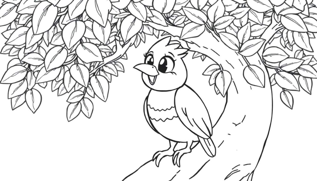Um desenho a preto e branco de um pássaro amigável empoleirado num galho de árvore coberto de folhas densas, perfeito para um color panel.