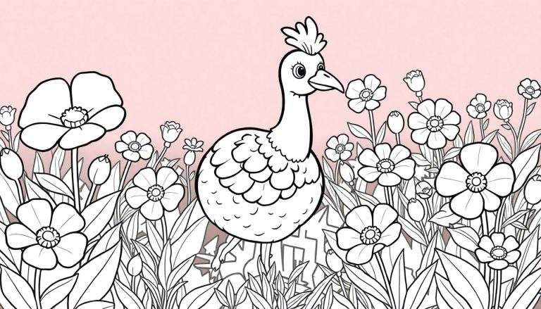 Um desenho linear de um pássaro com crista em um campo florido, pronto para colorir, com fundo rosa.