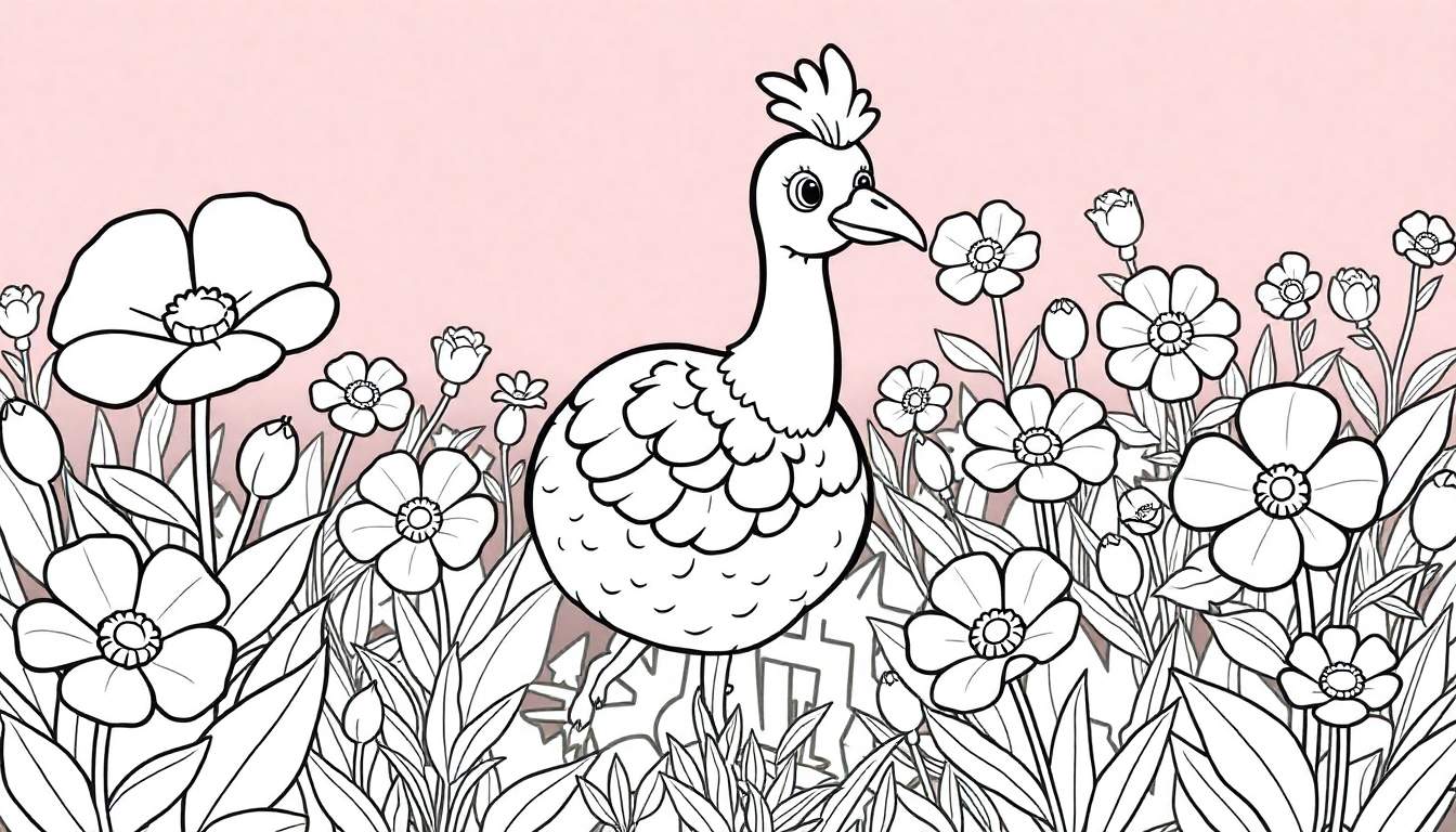 Um desenho linear de um pássaro com crista em um campo florido, pronto para colorir, com fundo rosa.