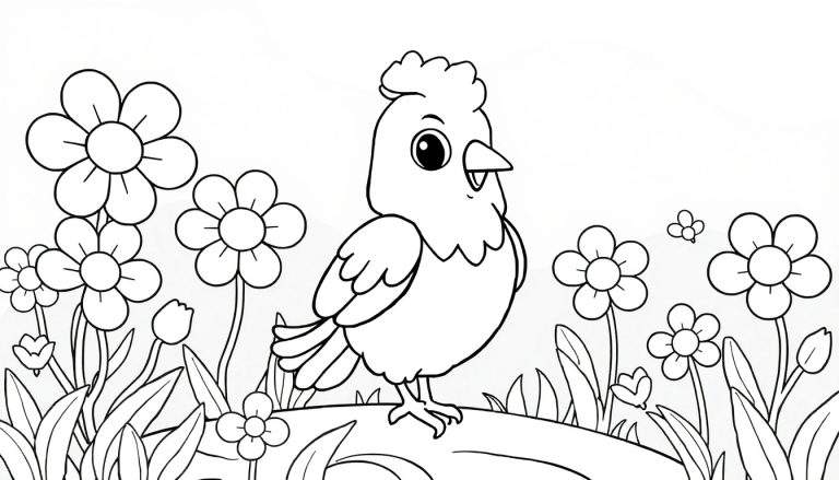 Desenho de um pássaro numa árvore, rodeado de flores, para colorir.