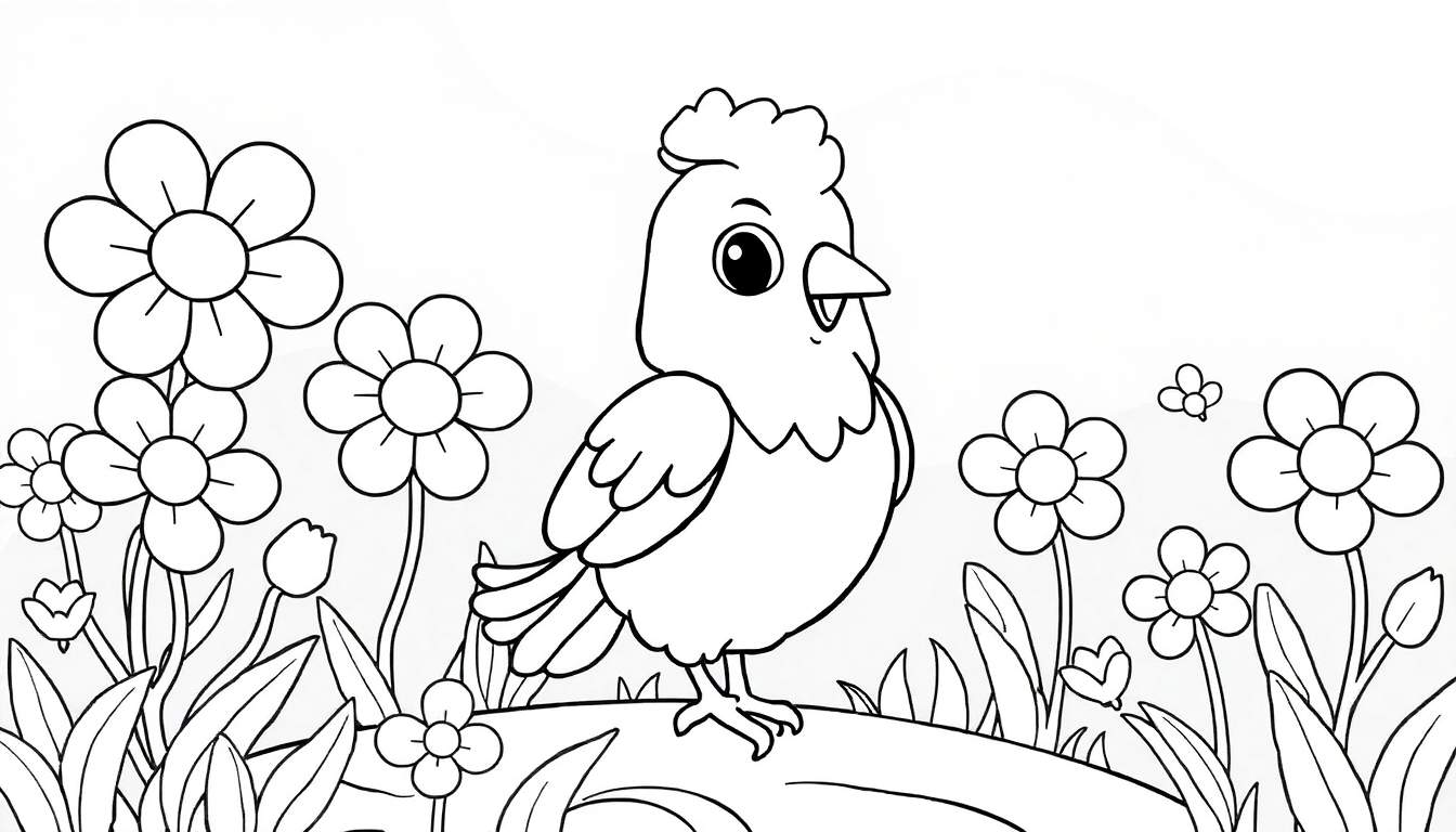 Desenho de um pássaro numa árvore, rodeado de flores, para colorir.