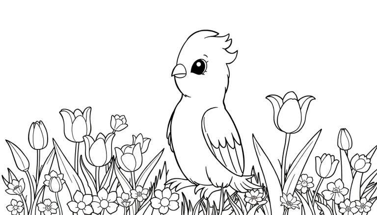 Um pássaro em um campo de flores, estilo desenho de linha.
