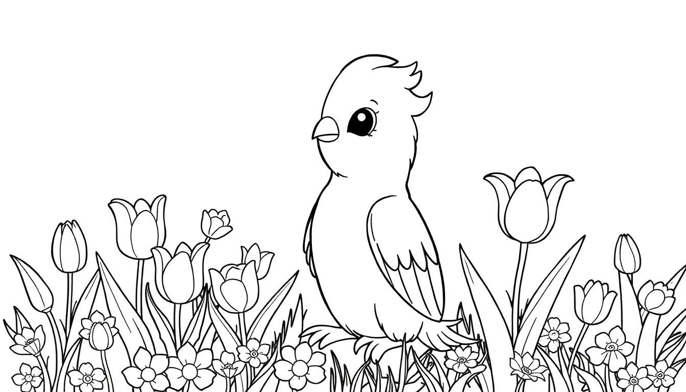 Um pássaro em um campo de flores, estilo desenho de linha.