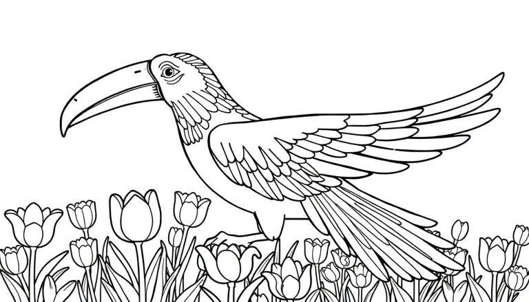 Pássaro com bico curvo num campo de tulipas para colorir.