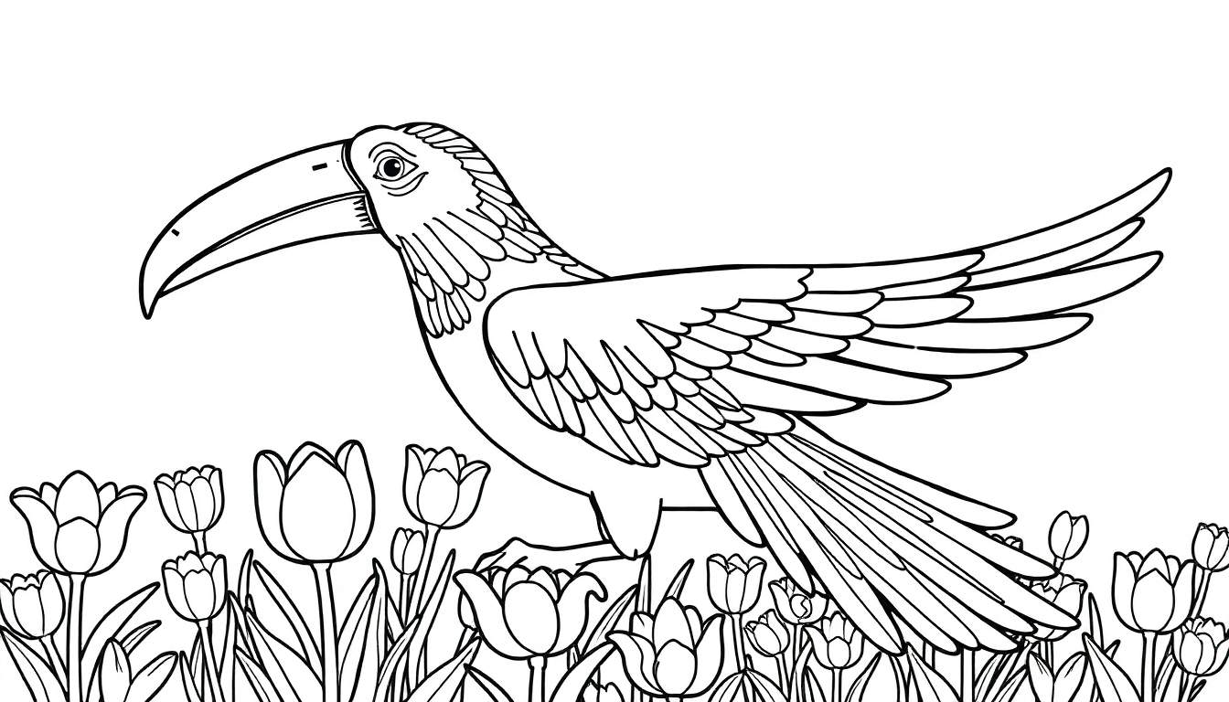 Pássaro com bico curvo num campo de tulipas para colorir.